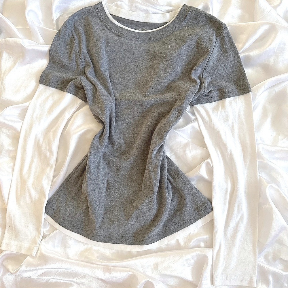 Made for Life Gray White Layered Look Long Sleeve Top Medium